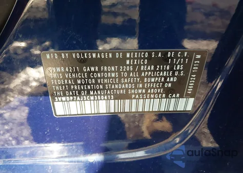 2012 Volkswagen Jetta 2.5L Se из США, поврежденный, VIN 3VWDP7AJ3CM350413